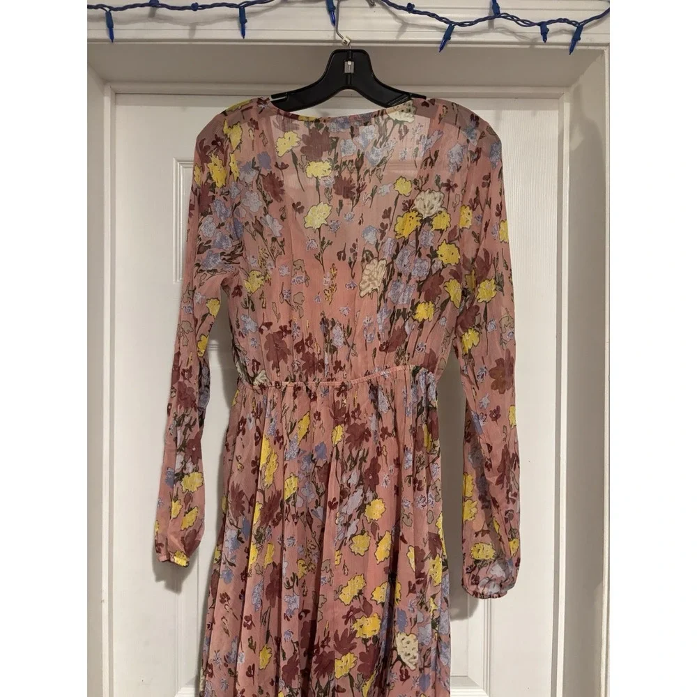 Wonderly Midi Dress Sheer Asymmetrical Hem Boho Flirty Pink Floral‎ Medium H245